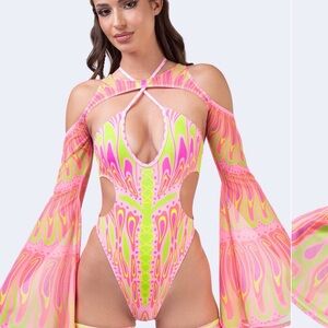 Vibrant Pink and Yellow Women's One Piece Swimsuit with leg straps (no sleeves)